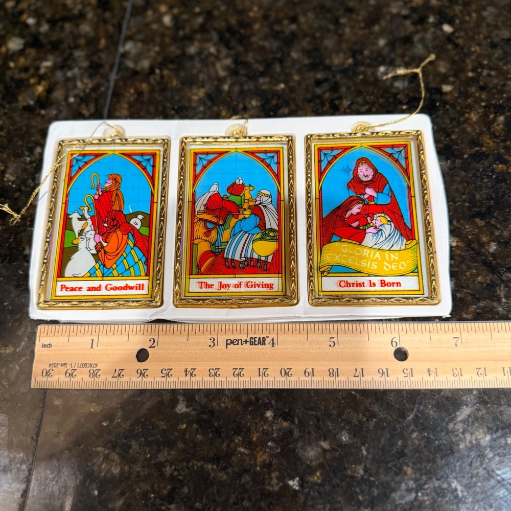 Vintage Stained Glass Nativity Ornaments Set of 3 Religious Christmas Decor